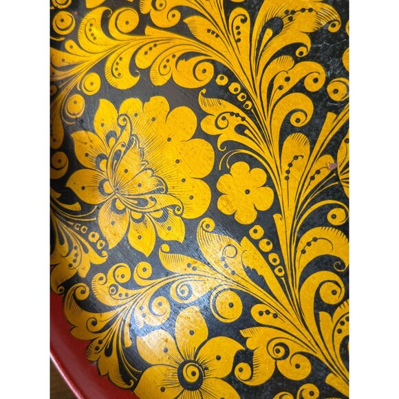Vintage Russian Made in USSR Laquered Plate Gold Black Wooden Ware Folk Art READ - Picture 13 of 14